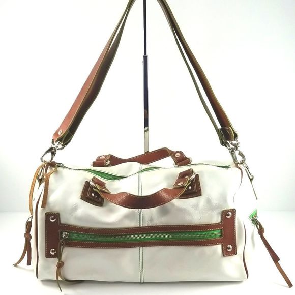 Claudia Firenze Handbags - Claudia Firenze White Leather w/ Green accents and Brown Leather Trim
